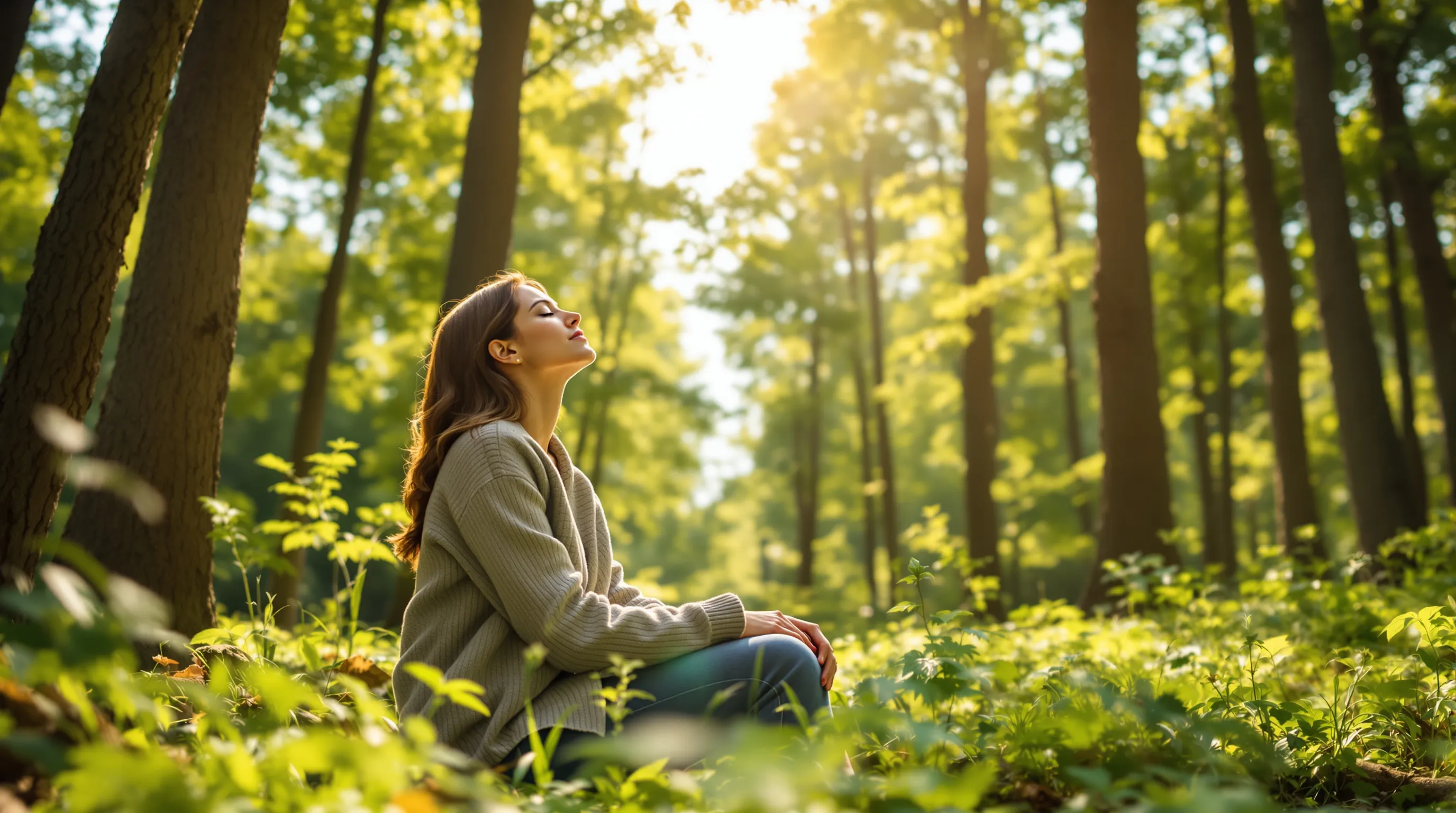 Person sitting calmly in a nature setting, representing nervous system regulation and grounding practices