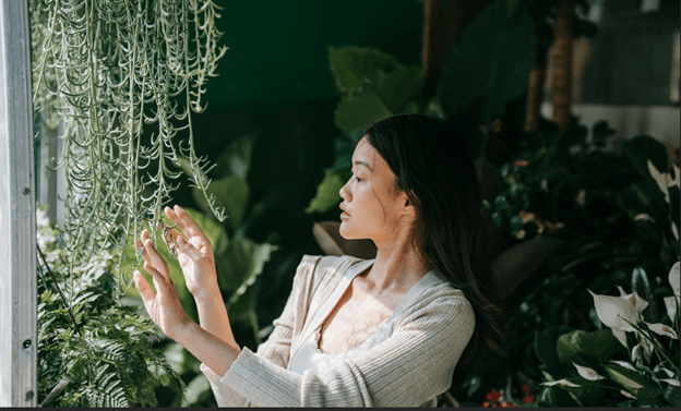 A woman in a cream cardigan reaching up to touch trailing plants in a greenhouse full of ferns
